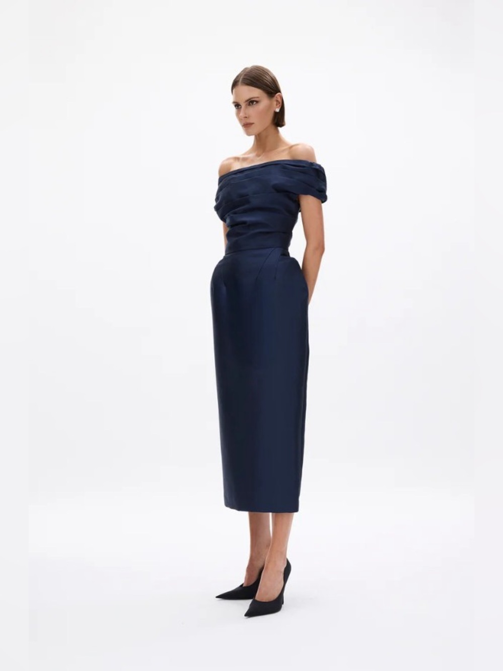Rachel Gilbert Brontë Navy Wool & Silk off-the-shoulder Midi Dress AU10/US6 NWOT - Picture 2 of 5